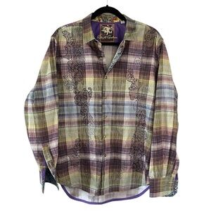 Robert Graham Embroidered Button Up Purple Green Plaid Colorful Unique Sz Large